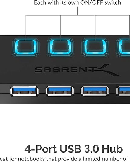 SABRENT 4-Port USB 3.0 Hub with Individual LED Power Switches - Slim, Portable Design - 2 Ft Cable - Fast Data Transfer - Compatible with Mac & PC (HB-UM43)