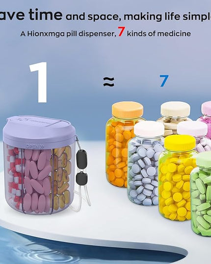 Pill Organizer with 7 Large Compartments, Pill Dispenser 4.4" H x 3.6" Dia for Travel, Supplement Organizer with Anti-Mixing Design, BPA-Free Pill Container with 20 Pcs Labels, Purple