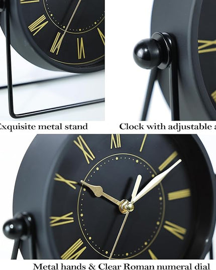 AYRELY® Vintage Black Metal Desk Clock,Battery Operated Mantel Clocks, Decorative Table Clocks with Adjustable Angle for Fireplace Farmhouse Shelf Living Room Décor (Black/Gold)