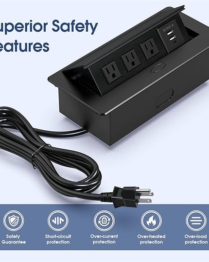 KYHSHJ Connection Box Desktop Pop Up Outlet with 2 USB Ports & 3 Outlets(Black)