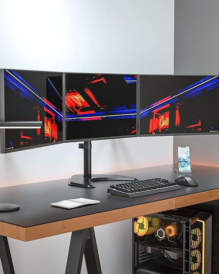 WALI Triple Monitor Stand, Free Standing Three LCD Monitor Fully Adjustable Desk Mount Fits 3 Screens up to 27 inch, 22 lbs Weight Capacity per Arm (MF003), Black