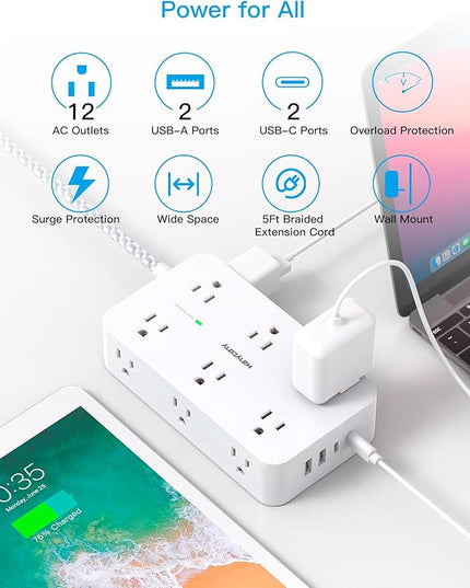 Power Strip Surge Protector, HANYCONY 12 Multiple Outlets 4 USB Ports (2 USB C), 5Ft Braided Extension Cord Flat Plug, Overload Surge Protection, Desk for Office Home College Dorm Room Essentials