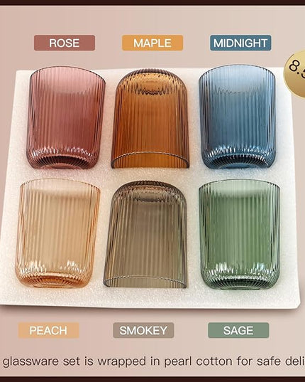 Drinking Glasses, Colored Highball Glasses Set of 6, Ribbed Glassware Glass Cups, Water Glasses for Juice, Iced Coffee Cups, Cocktail Glasses - Christmas Gifts - 8.5 oz
