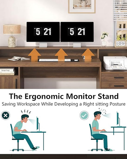 Computer Desk with 3 Drawers & Storage Shelves, 65 Inch Home Office Desk with File Drawer & Cabinet, Writing Study Desks with Monitor Stand & Printer Shelf, Executive Desk, Brown