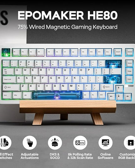 EPOMAKER HE80 Hall Effect Gaming Keyboard, 8K Polling & 32K Scan, Creamy Gasket, DKS, SOCD, Hot-Swappable, RGB Backlit, Wired Gaming Keyboard for PC & Mac (White)