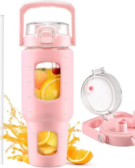BLUEGO 40oz Glass Tumbler with Lid and Straw, Glass Water Bottles with Handle, Glass Cup with Time Marker and Silicone Sleeve, Fits Most Cup Holder, Leak-proof, Pink