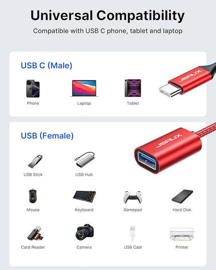 JSAUX USB C to USB 3.0 Adapter [2 Pack], USB C Male to USB Female OTG Cable Adapter Compatible with MacBook Pro/Air, iPhone 17 Pro Max/iPhone Air/16e/16/15 Series, Samsung Galaxy S25/S24/S23-Red