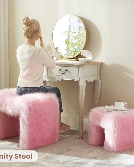 Ottoman Set of 2 Small Footstool Ottoman Vanity Stool Chair Faux Fur Seating Backless Modern Foot Rest Furry for Makeup Room Living Room Bedroom Entryway,Pink(2-in-1)