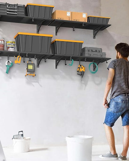 4-Pack 1.5x4ft Garage Shelving Wall Mounted, 1.5 x 4' Heavy Duty Garage Storage Shelves with Hooks, 800LB Capacity