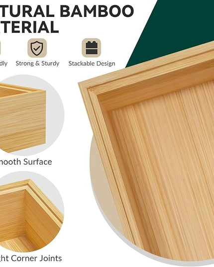 Bamboo Drawer Organizer, Narrow Stackable Cutlery Tray for Kitchen, 2 Pcs Silverware & Utensil Box, 12" x 3" x 2" (Outer), 11.3" x 2.3" x 1.77" (Inner)