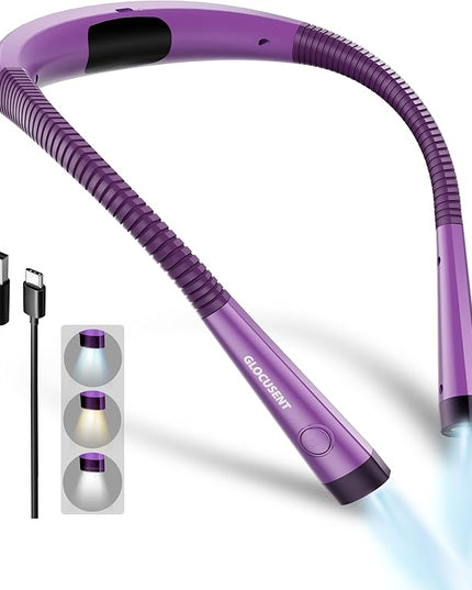 Glocusent Book Light, 3-Color & 6-Brightness Reading Light, Bendable Neck Light, 80-hr Lasting Rechargeable Book Light, Perfect Reading Lights for Books in Bed, Knitting, Repairing, Book Lovers Gifts