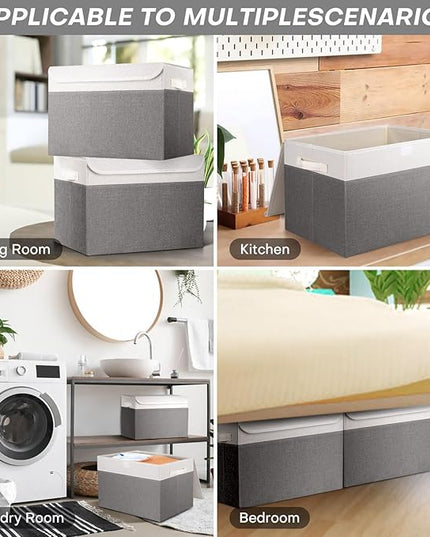Large 17" 42 Quarts Collapsible Stackable Storage Bins with Lids [3-Pack] Foldable Fabric Linen Storage Boxes Cube, Closet Organizer Baskets with Label (16.7 x 12 x 12, Gray & White)