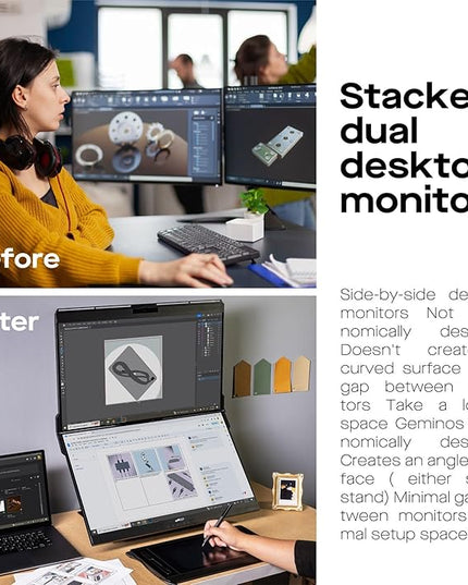 Mobile Pixels Geminos, Dual 24" IPS Stacked Computer Monitors with 65W USB-C Charging, with Adjustable Viewing Angle and 1080p Webcam and 3W Speakers, Multiport Docking Station (Desktop Monitor)