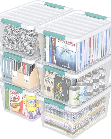 6-Pack 35 quart Large Plastic Storage Bin, Latching Box with Clear Base, White Lid and Green Latches
