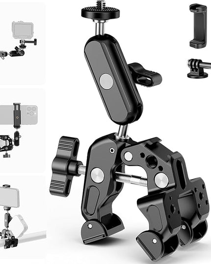 NEEWER Super Clamp with 3" Dual Ballhead Magic Arm, Camera Phone Clamp Mount with 1/4" 3/8" Threads, Cold Shoe, Phone Holder, Action Camera Adapter Compatible with GoPro DJI iPhone 16 15 Pro Max, ST88