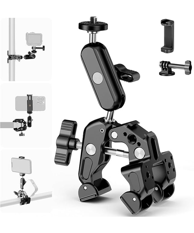 NEEWER Super Clamp with 3" Dual Ballhead Magic Arm, Camera Phone Clamp Mount with 1/4" 3/8" Threads, Cold Shoe, Phone Holder, Action Camera Adapter Compatible with GoPro DJI iPhone 16 15 Pro Max, ST88