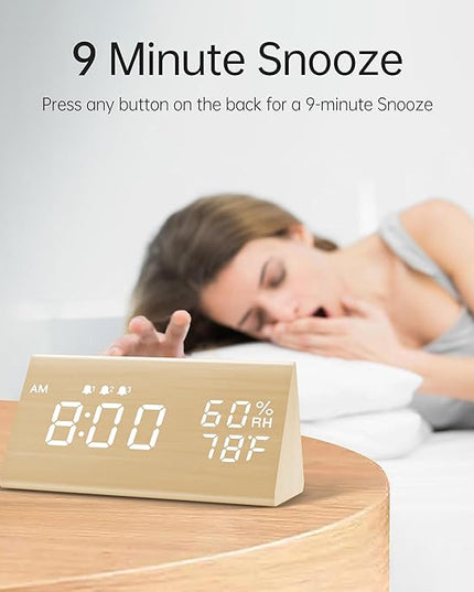 JALL Digital Alarm Clock, with Wooden Electronic LED Time Display, 3 Alarm Settings, Humidity & Temperature Detect, Wood Made Electric Clocks for Bedroom, Bedside (Yellow)