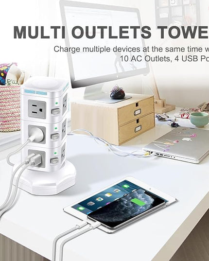 Power Strips Surge Protector 1800J, ODOM Power Strip Tower with 15W Wireless Charger, 13A,4 USB Ports + 10 AC Outlets + 6 Ft Retractable Extension Cord,Plug Outlet Charging Tower for Home Office