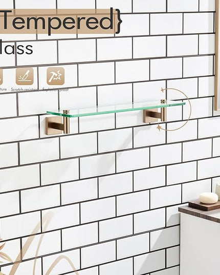 KOKOSIRI Wall Shelves Bathroom Hardware Tempered Glass Floating Shelf Hanging Rack Storage/Room Decor 20-Inch Champagne Bronze 2 Pack B1105CPG-L20-P2