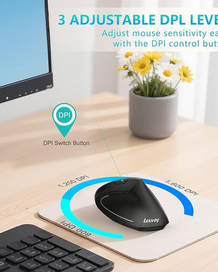 Ergonomic Mouse, LEKVEY Vertical Wireless Mouse - Rechargeable 2.4G Optical Vertical Mice : 3 Adjustable DPI 800/1200/1600 Levels 6 Buttons, for Laptop, Mac, PC, Computer, Desktop, Notebook etc, Black