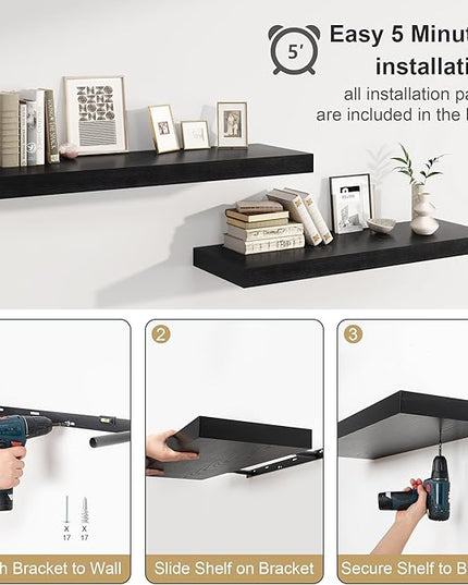 Heimlove 12 Inch Deep Floating Shelves, 55 x 12 inch Extra Long Floating Shelves for Wall, Large Display Shelf & Storage Shelf for Living Room Bedroom Kitchen Home Office, Set of 1, Black
