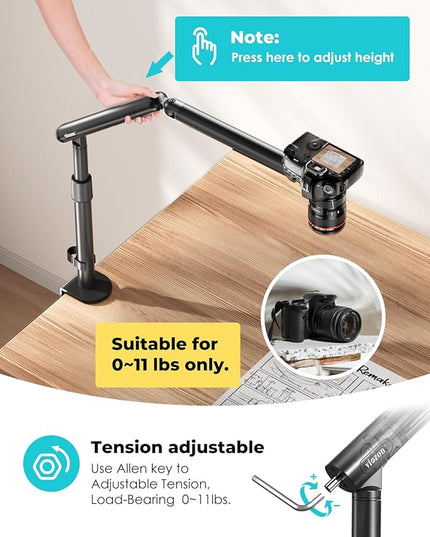 Viozon Overhead Camera Mount, Overhead Phone Stand, Flexible Aluminum Alloy Spring Arm with 360° Ball Head,1/4"&3/8" Interface for DSLR Camera/Rrojector/Microphone/Ring Light/Webcam/Phone