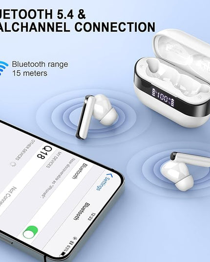Wireless Earbuds, 2025 Bluetooth 5.4 Headphones Bass Stereo, Ear Buds with 4 Mics ENC Noise Cancelling, Bluetooth Earbuds 48H Playtime LED Display Charging Case, IP7 Waterproof in Ear Earphones white