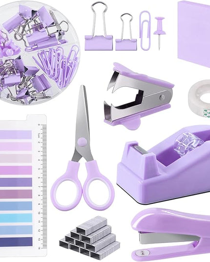 Swpeet 9Pcs Purple Office Supplies Kit, Desk Accessories Including Stapler, Tape Dispenser, Staple Remover, Tabs, Scissors, Staples, Tape, Clips and Sticky Note Ideal for Office and School