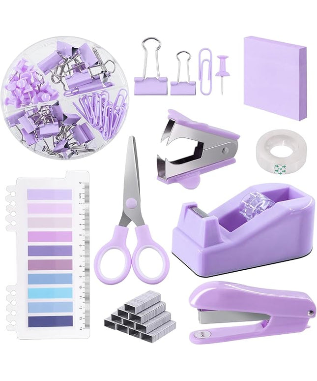 Swpeet 9Pcs Purple Office Supplies Kit, Desk Accessories Including Stapler, Tape Dispenser, Staple Remover, Tabs, Scissors, Staples, Tape, Clips and Sticky Note Ideal for Office and School