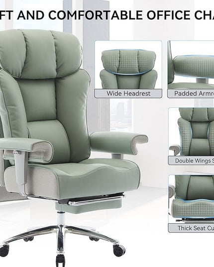 Efomao Big and Tall Green Office Chair 450LBS – Ergonomic High-Back Executive Chair with Footrest, Adjustable Padded Armrests, PU Leather Computer Chair with Lumbar Support for Home or Office，Green
