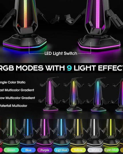 RGB Headset Stand with 9 Light Modes and 2 USB Charging Ports - Controller Holder for Desk - Headphone Stand & Detachable Controller Hook for PC Earphone Gaming Room Setup Accessories