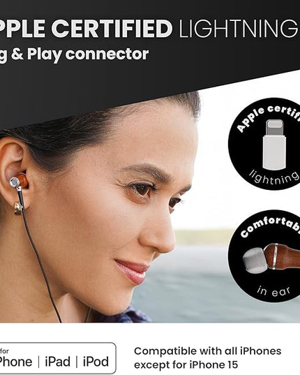 Symphonized iPhone Earphones Wired Deep Bass Sound, 3D Sound, Microphone Volume Control, 90% Noise Cancelling, Bubinga Wooden with Lightning (Apple MFI Certified), iPhone SE to 14 Earbuds (White)