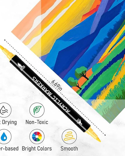 100 Colors Acrylic Paint Markers, Dual Tip with Fine Tip and Brush Tip Pens for Stone, Wood, Calligraphy, Canvas, Ceramic, Metal, Glass, Rock Painting, DIY Crafts Art Supplies Kit