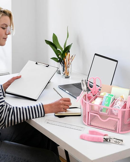 17 in 1 Pink Desk Organizers and Accessories Set, 3 Office Desk Supplies Storage Organization, 4 Pens, Stapler, Staples & Remover, Tape & Dispenser, Scissors, Ruler, Clips, Hole Punch, Back to School