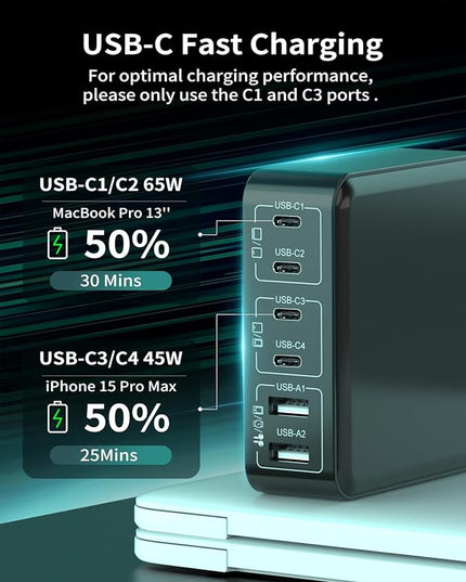 MSTJRY Charging Station for Multiple Devices : 130W 6 Port GaN Fast USB C Charger Station, Compact Multi Port PD 65W 45W Charger for iPhone 17/16 15/14/13/Pro Max