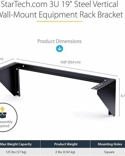 StarTech.com 3U 19" Wall Mount Vertical Rack Bracket, Wall Mount Patch Panel Bracket for Data/AV/IT/Computer Equipment, 3U Rack for Cabinet or Server Room, Supports 150lb (68kg) , TAA (RK319WALLV)