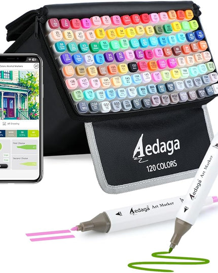 120 Colors Alcohol Markers with Free App, Dual Tip Art Marker with Kickstand Case for Artists Adults. Alcohol Based Markers for Coloring Painting Sketching and Drawing, Great Gift