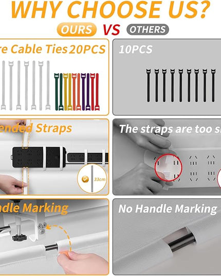 No Drill Under Desk Cable Management Tray, 48" Cord Organizer with Clamp, Fabric Cable Management for Standing Desks, Ideal for Home & Office - White