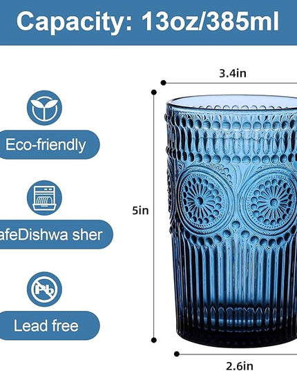 Vintage Glassware Drinking Glasses Set of 6,13 oz Blue Textured Flower Design Glass Water Tumblers，Embossed Striped Drinkware for Water,Cocktails,Juice,Iced Coffee