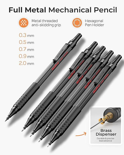 Nicpro 20PCS Black Metal Mechanical Pencil Set in Leather Case, Drafting Pencil 0.3, 0.5, 0.7, 0.9 mm & 2mm Lead Holders, 9 Tube (4B 2B HB 2H Colors) Lead Refills, Erasers For Art Sketching Drawing