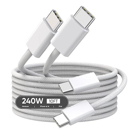USB C to USB C,240W USBC Woven Charge Cable,10FT 2Pack Long USBC Cable Fast Charging Cord for Apple MacBook Pro/MacBook Air,iPad Pro/Air,iPad mini,iPhone 16e 16 15 ProMax Compatible 140W/100W/60W/45W