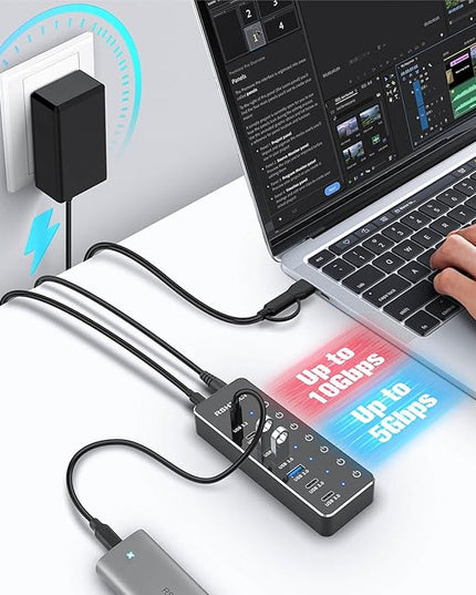 RSHTECH 7-Port Powered USB 3.2/USB-C Hub Splitter with 3 x 10Gbps USB-3.2 Ports (2C + 1A),4 USB-3.0 Ports (2C + 2A), 3.3ft Cable, Touch Switches, and 5V Power Adapter for Laptop PC