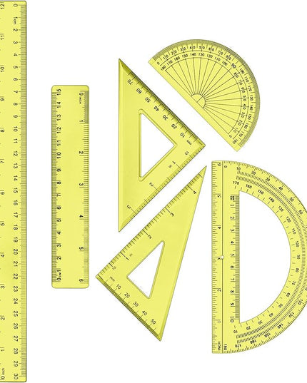 Tenare 1 Set Plastic Clear Math Set Includes Protractor Triangle Rulers 12 Inch 6 Inch Straight Geometry Math Transparent Ruler Measuring Tool for School Office Home Supplies(Yellow)