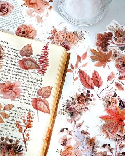 Obujopal 100 Pcs Autumn Flower Stickers for Scrapbooking Junk Journal Card Making CollageNotebook Diary Planner Letter Envelope Water Bottle Phone Case Craft Decoration (Autumn)