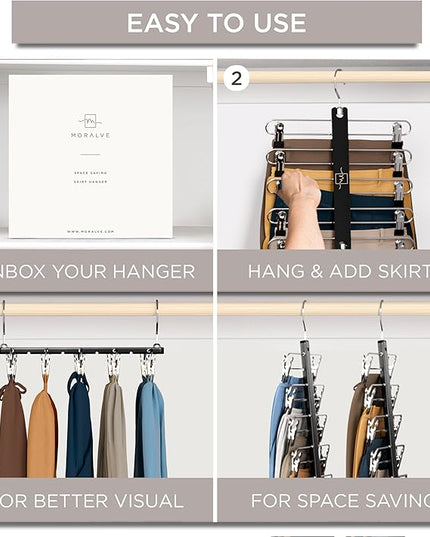 MORALVE Skirt Hangers Space Saving with Clips - 2 Pack - European Beechwood 5-Tier Hanger for Shorts, Skirts, and Pants - Closet Organizer and Storage Solution for Women with 360° Swivel Hook
