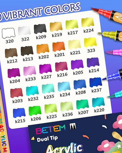Betem 30 Metallic Acrylic Paint Markers, Dual Tip Acrylic Paint Pens with Brush Tip and Fine Tip, Art Supplies for Rock Painting, Wood, Stone, Glass, Ceramic, DIY Crafts Making Drawing Kit