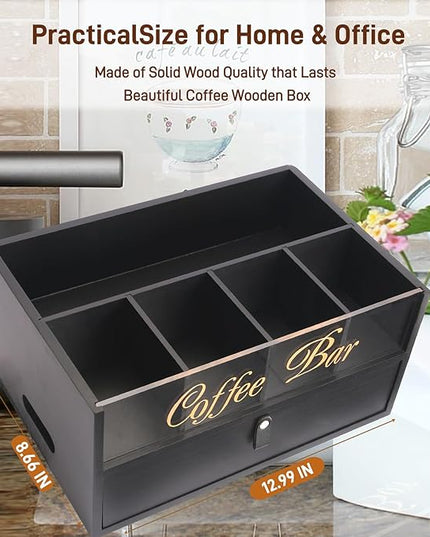 Intarsio 2-Tier Coffee Bar Organizer with Clear Acrylic Top, Built-in Drawer and Leather Handle Pull for Countertop, Stylish Coffee Station Storage Box for Accessories, Pods, Great Gifts for Home