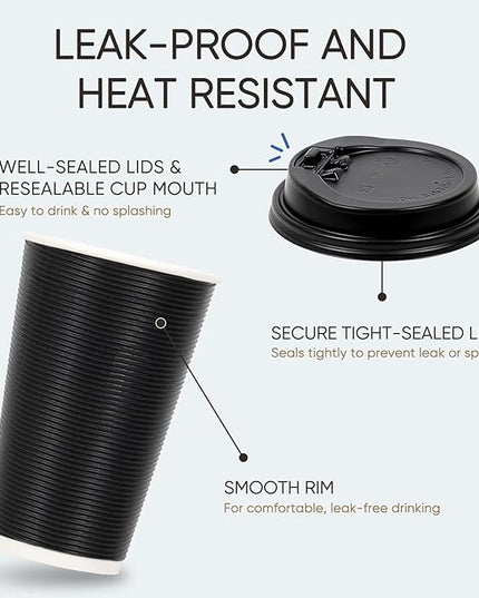 Coolcap 100 Pack 16 oz Disposable Coffee Cups with Lids and Straws, Insulated Ripple Wall To Go Paper Corrugated Cups, Bulk for Hot/Cold Drinks, Cafe Bar, Office, Chocolate, Cocoa (Black)
