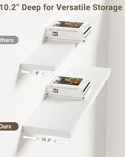 Vivelove 10 in Deep Floating Shelves for Wall, 30" x 10.2" x 1.5" Shelves for Room Wall Mounted, 1.5 Inch Thick Shelf for Bathroom Bedroom Kitchen Book Room, Modern Farmhouse Decor, Set of 2, White
