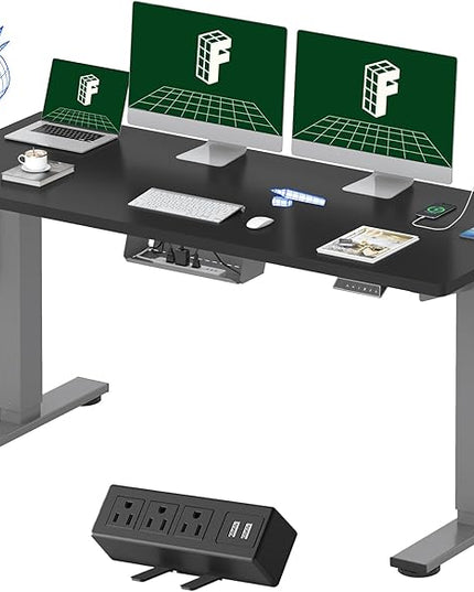 FLEXISPOT EN2 Whole-Piece Standing Desk with Clamp Power Strip, 60 x 24 Electric Stand Up Height Adjustable Desk with Cable Management (Gray Frame + Black Top, 2 Packages)